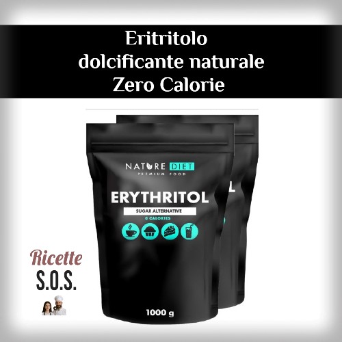 Torta di carote senza burro soffice Ricette SOS confezioni nere eritritolo 2x1000g con icone dolci visibili